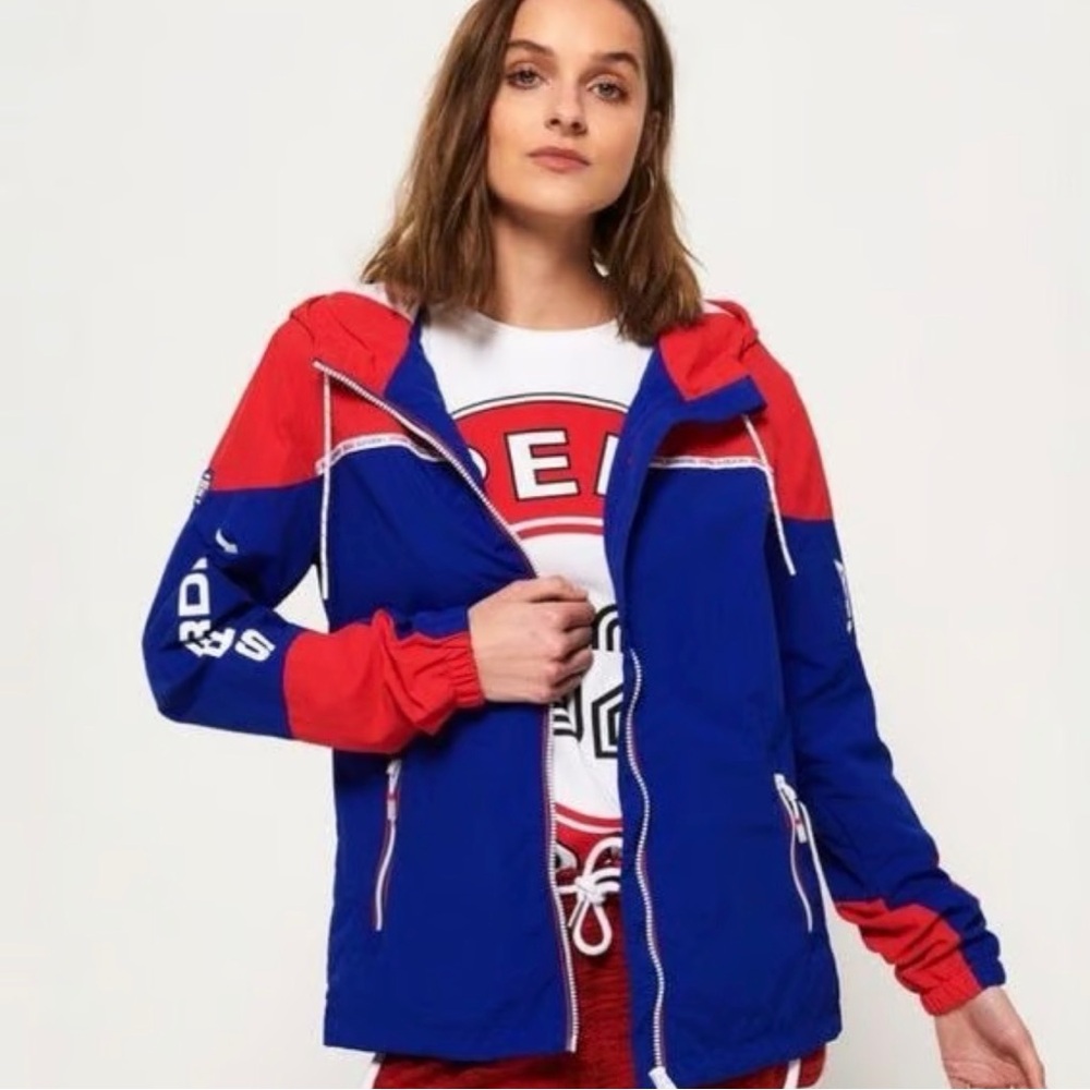 Superdry Color Block Zip Up Logo Cagoule Drawstring Windbreaker Light Jacket